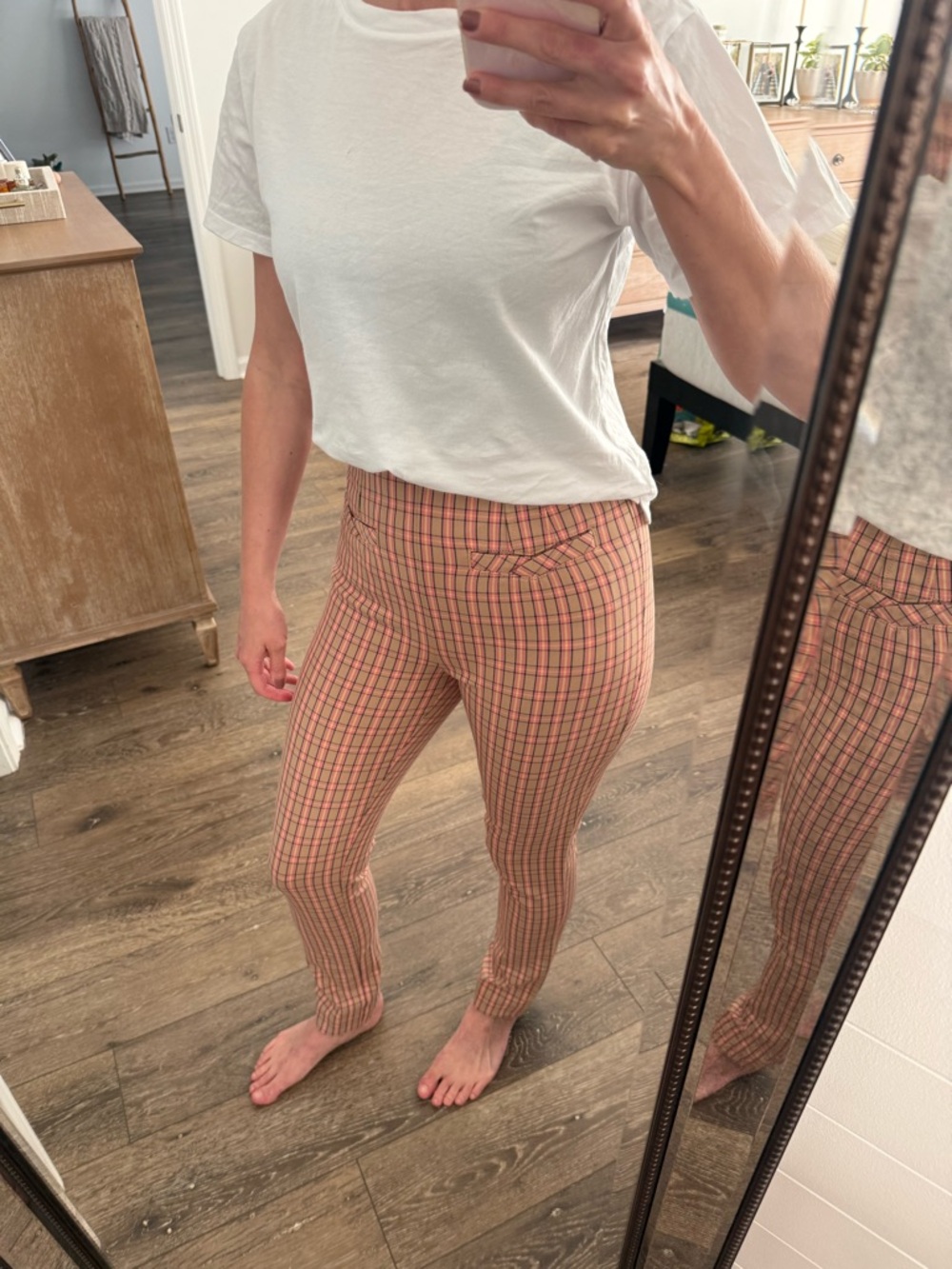 Anthropologie Plaid Slim Ankle Pants in Pink and Beige